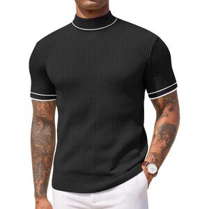 Men Black Ribbed Knit Polo Shirt Short Sleeve Slim Fit Casual Pullover Top